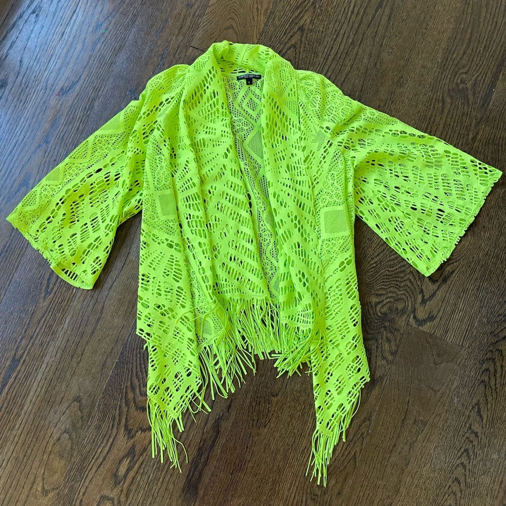 Neon green fringe wrap with sleeves